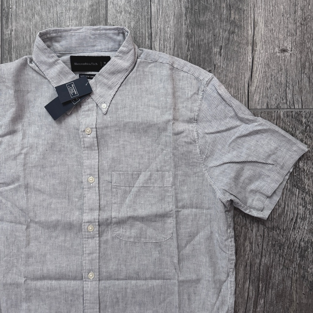 Abercrombie & Fitch Short-Sleeve Linen Button-Up Shirt Blue Stripe Men’s Medium
